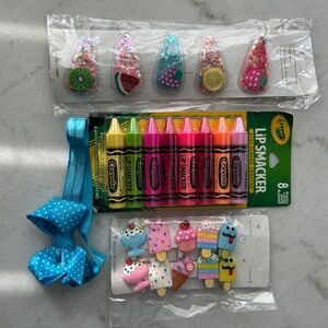 Crayola Lip Smacker Set - plus New Hair clips and Bow Pink, Blue, Yellow